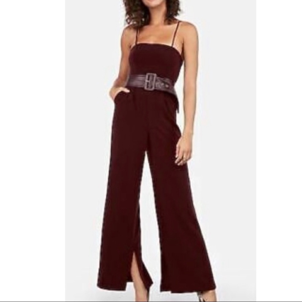 Express x Negin Mirsalehi wide leg belted jumpsuit; color: burgundy, size: 6